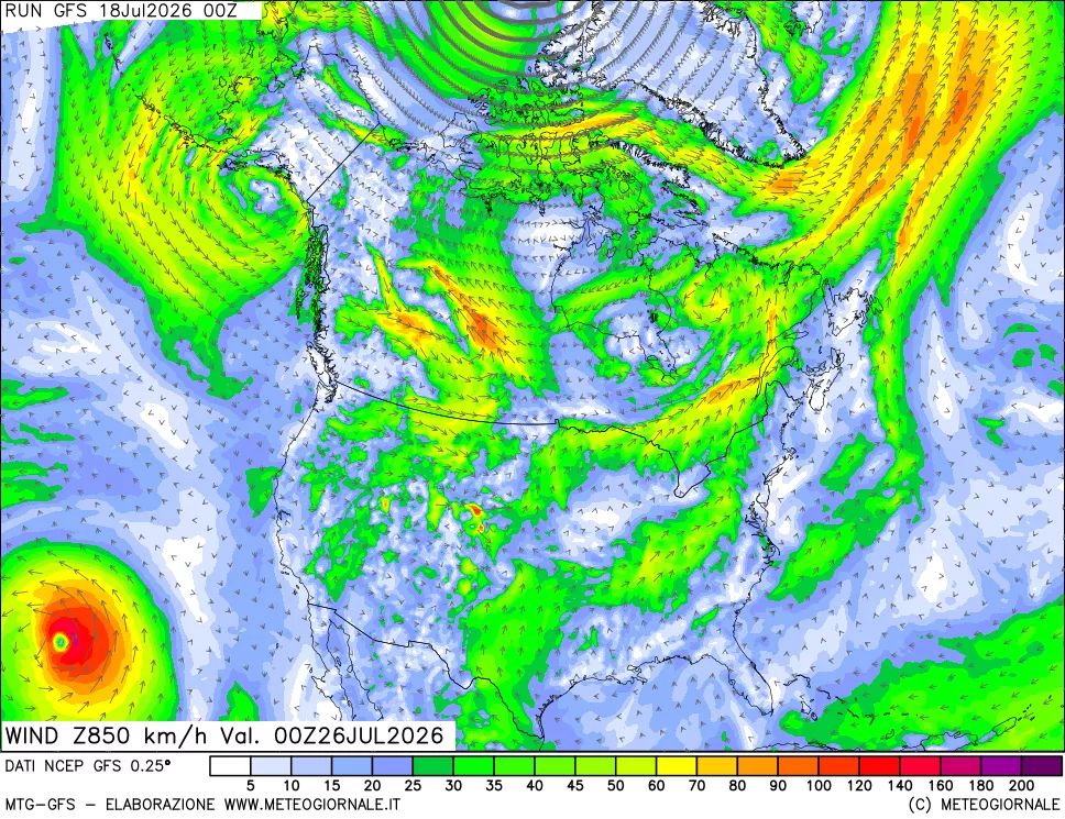mappa 850 hPa Vento forza e direzione