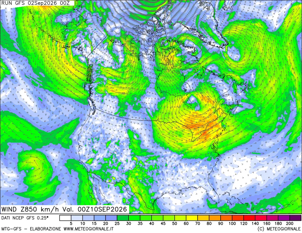 mappa 850 hPa Vento forza e direzione