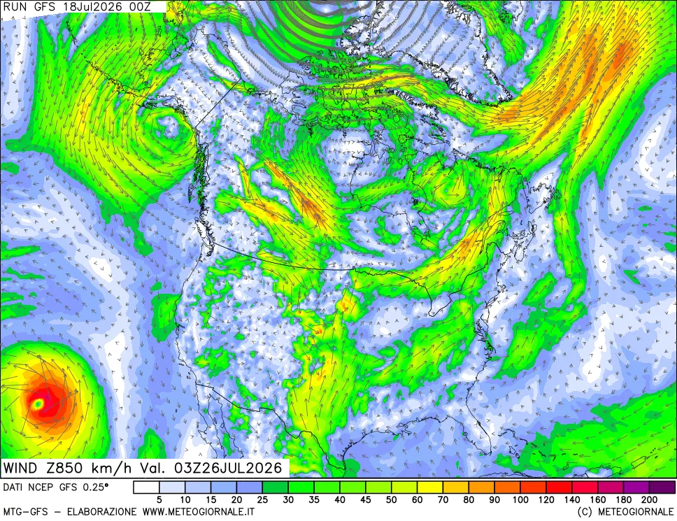 mappa 850 hPa Vento forza e direzione