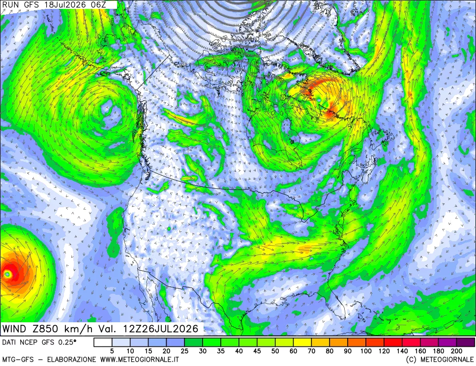 mappa 850 hPa Vento forza e direzione