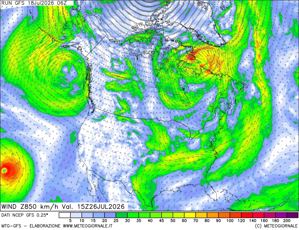 mappa 850 hPa Vento forza e direzione