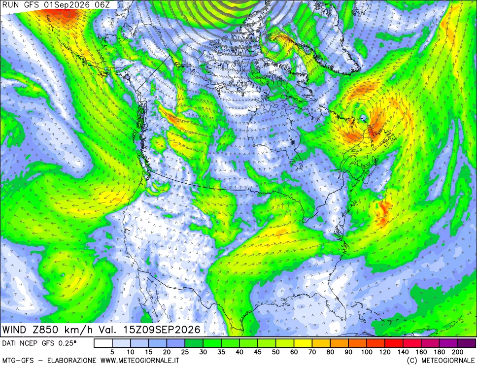 mappa 850 hPa Vento forza e direzione