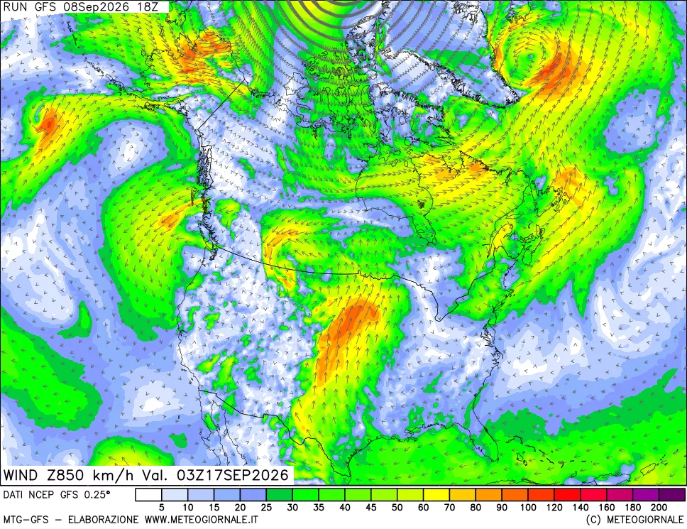 mappa 850 hPa Vento forza e direzione
