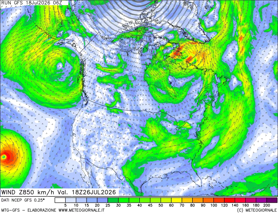 mappa 850 hPa Vento forza e direzione