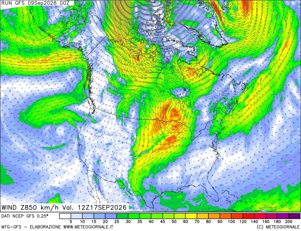 mappa 850 hPa Vento forza e direzione