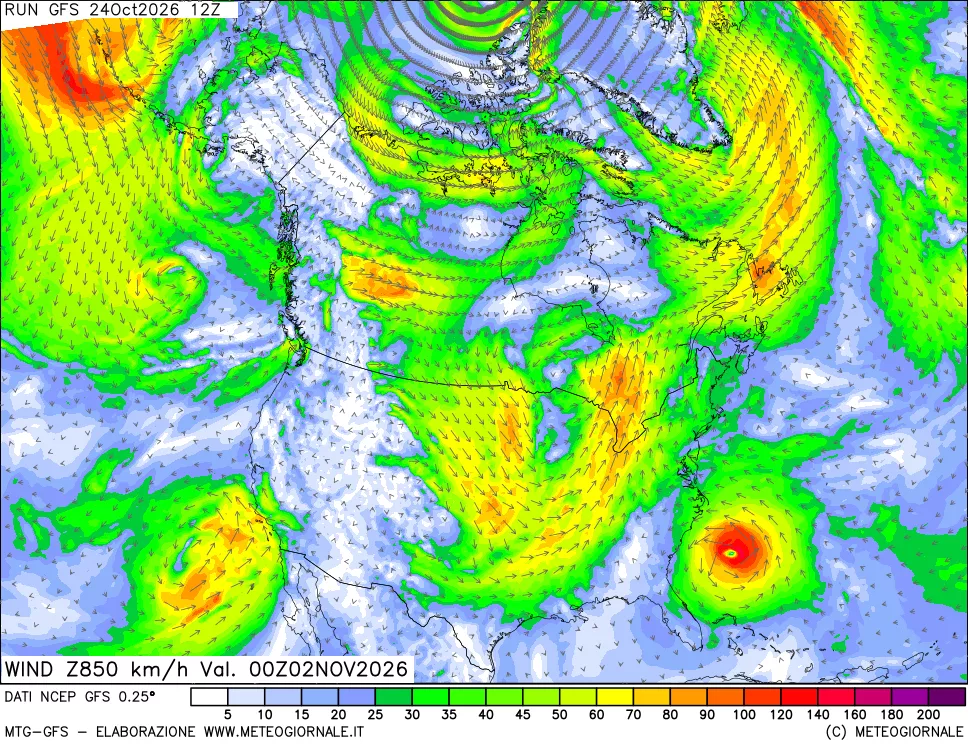 mappa 850 hPa Vento forza e direzione