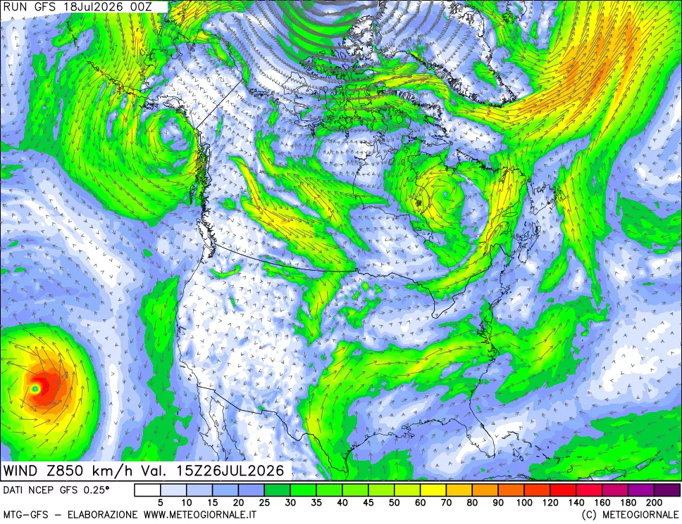 mappa 850 hPa Vento forza e direzione