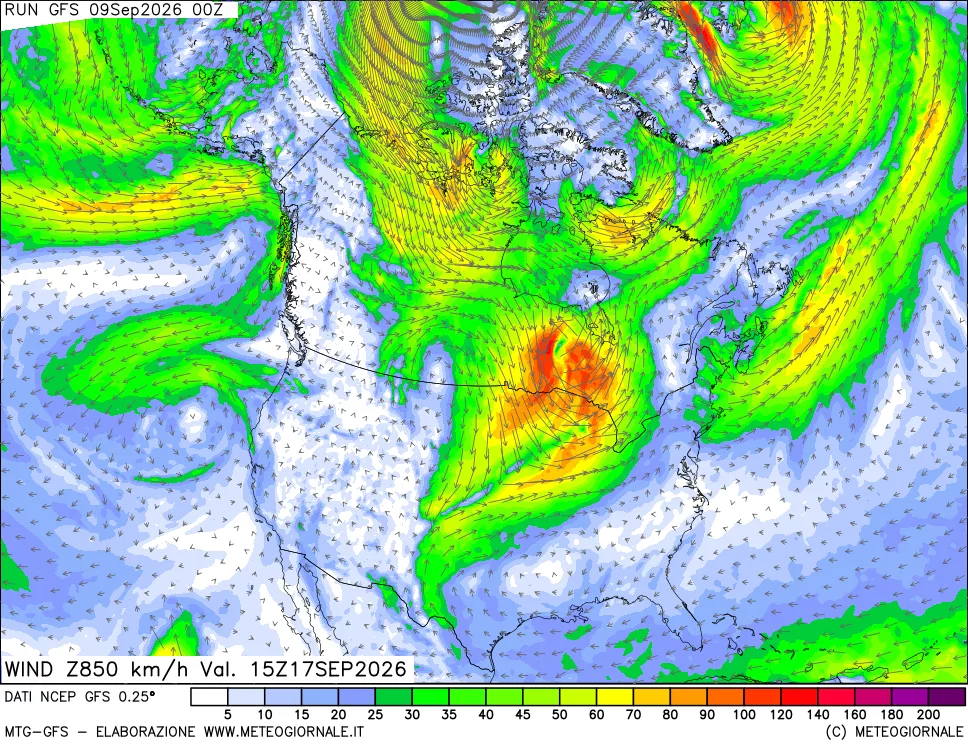 mappa 850 hPa Vento forza e direzione