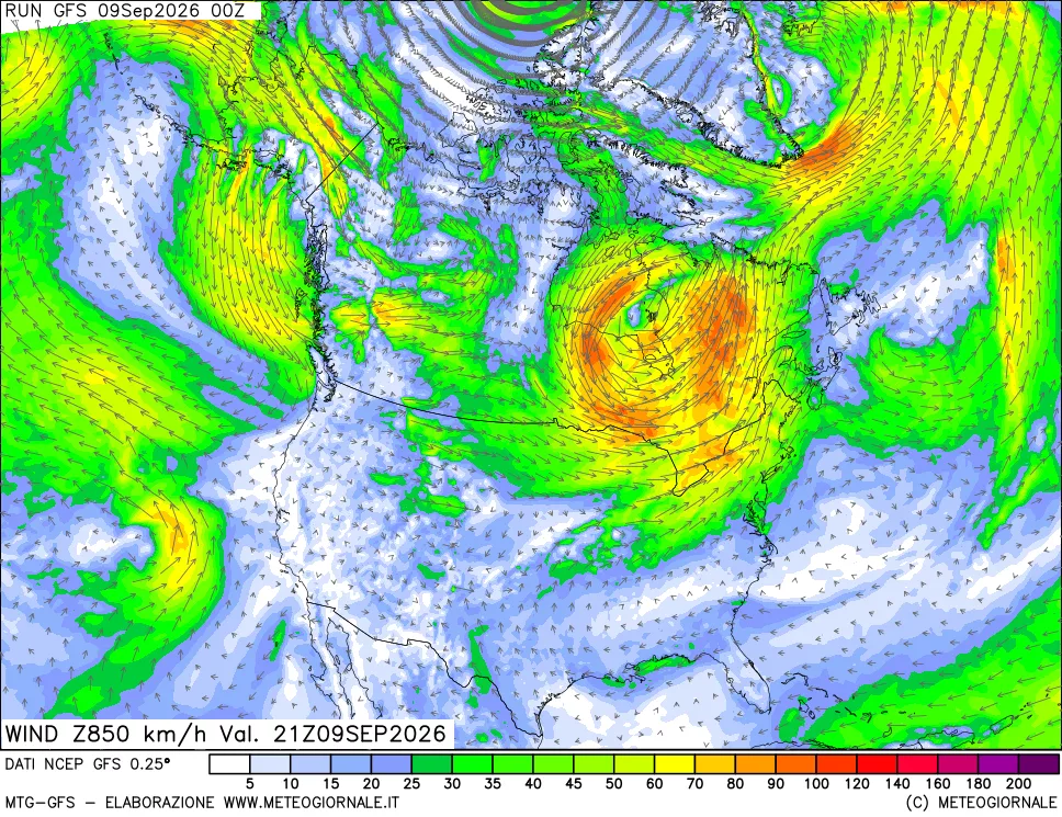 mappa 850 hPa Vento forza e direzione
