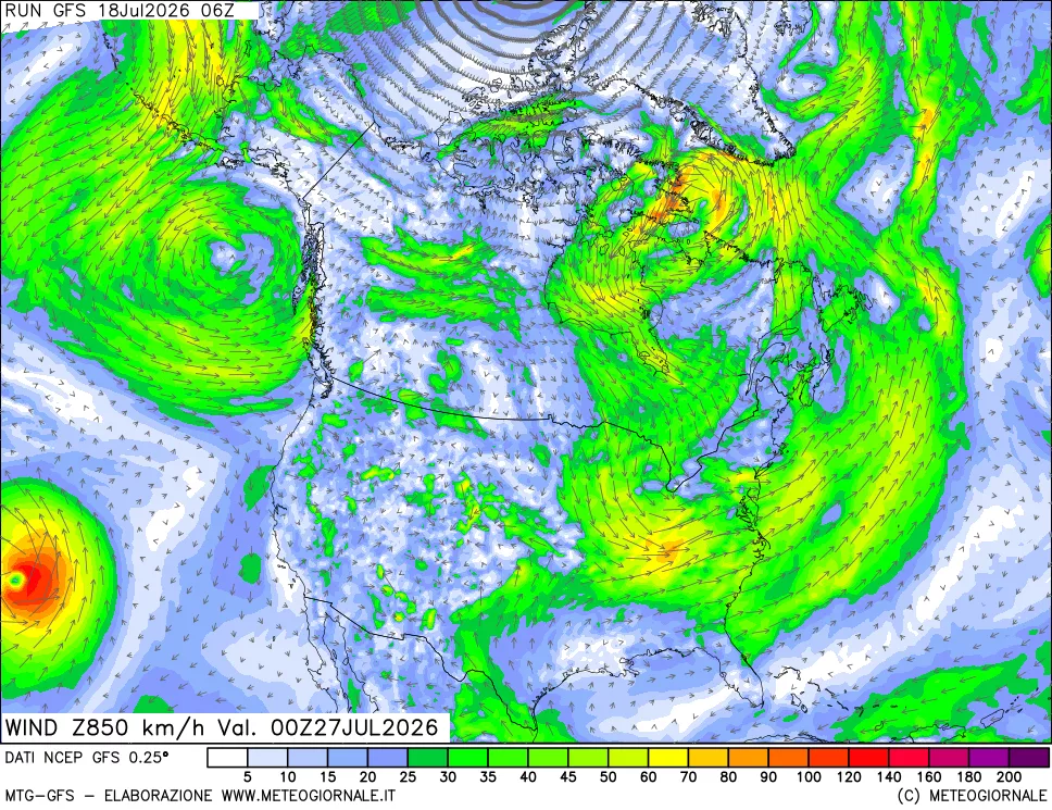 mappa 850 hPa Vento forza e direzione