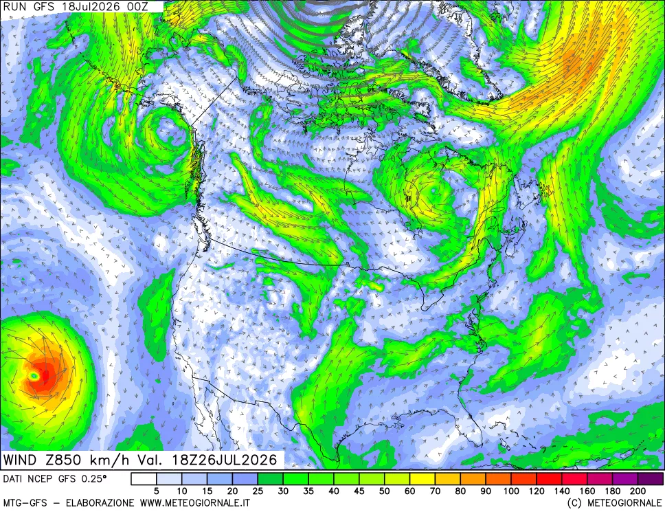 mappa 850 hPa Vento forza e direzione