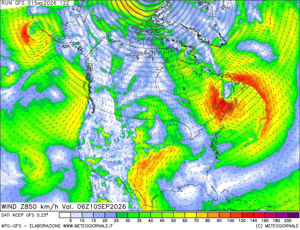 mappa 850 hPa Vento forza e direzione