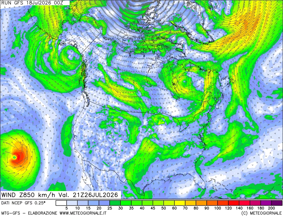 mappa 850 hPa Vento forza e direzione