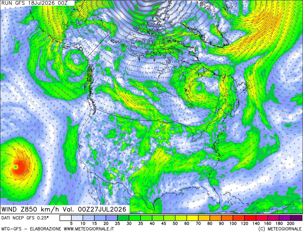 mappa 850 hPa Vento forza e direzione