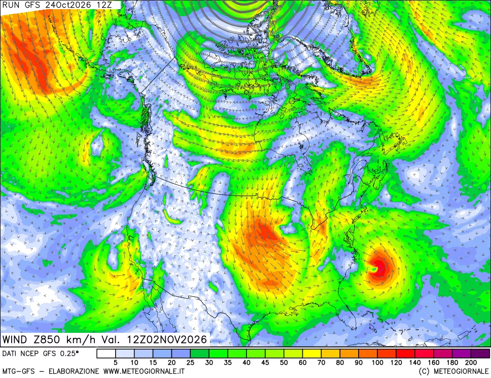 mappa 850 hPa Vento forza e direzione