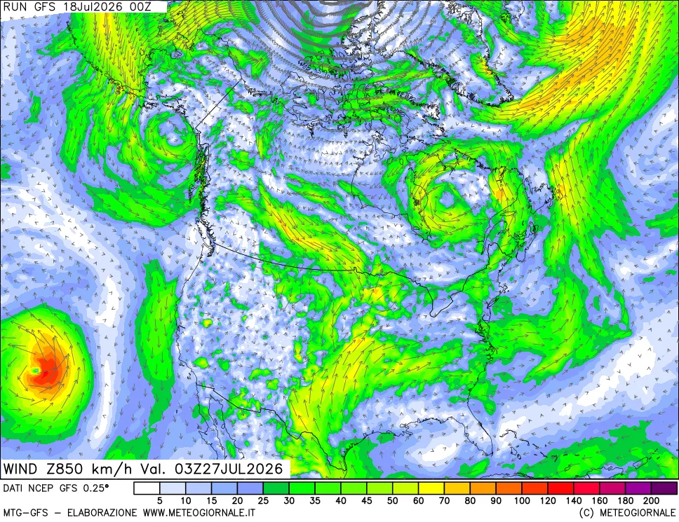 mappa 850 hPa Vento forza e direzione