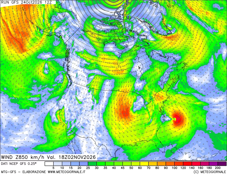 mappa 850 hPa Vento forza e direzione
