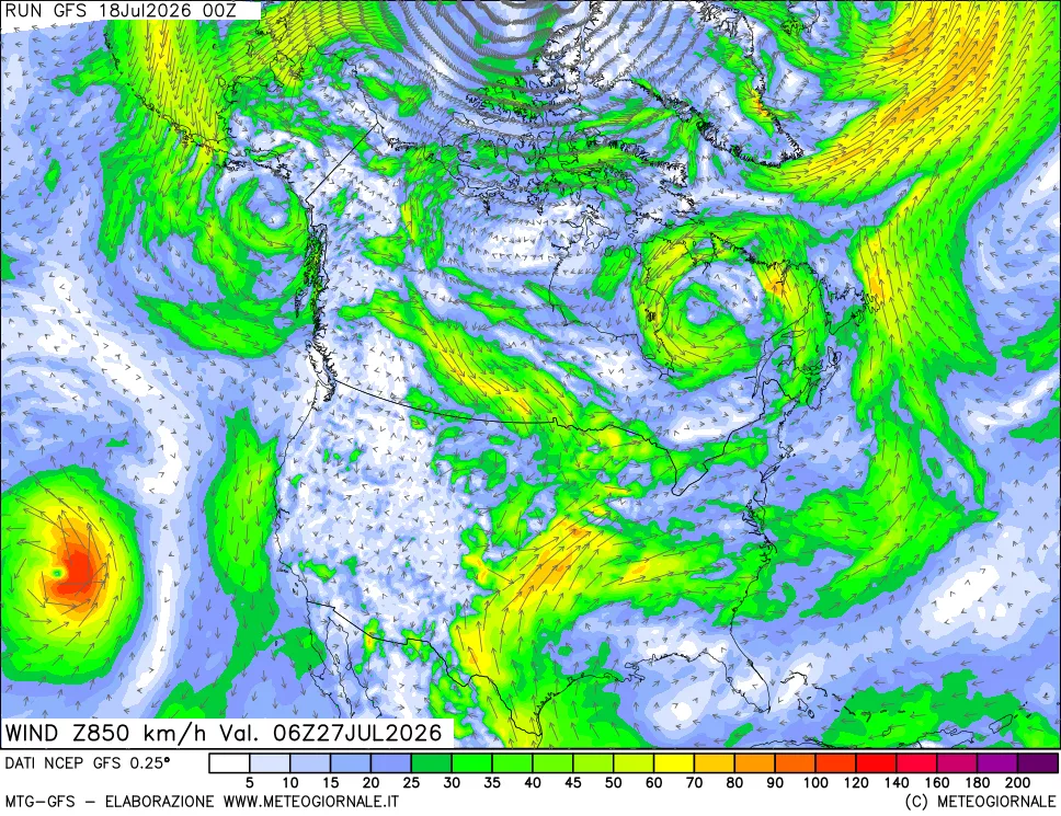 mappa 850 hPa Vento forza e direzione