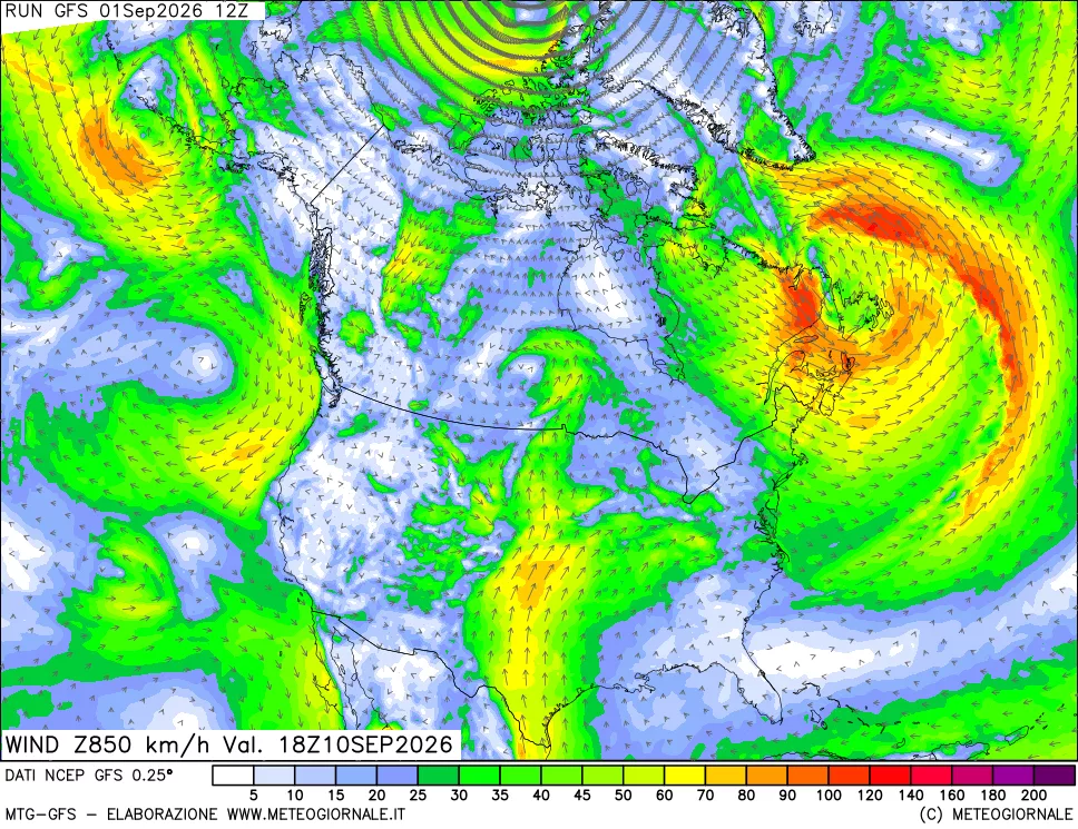 mappa 850 hPa Vento forza e direzione
