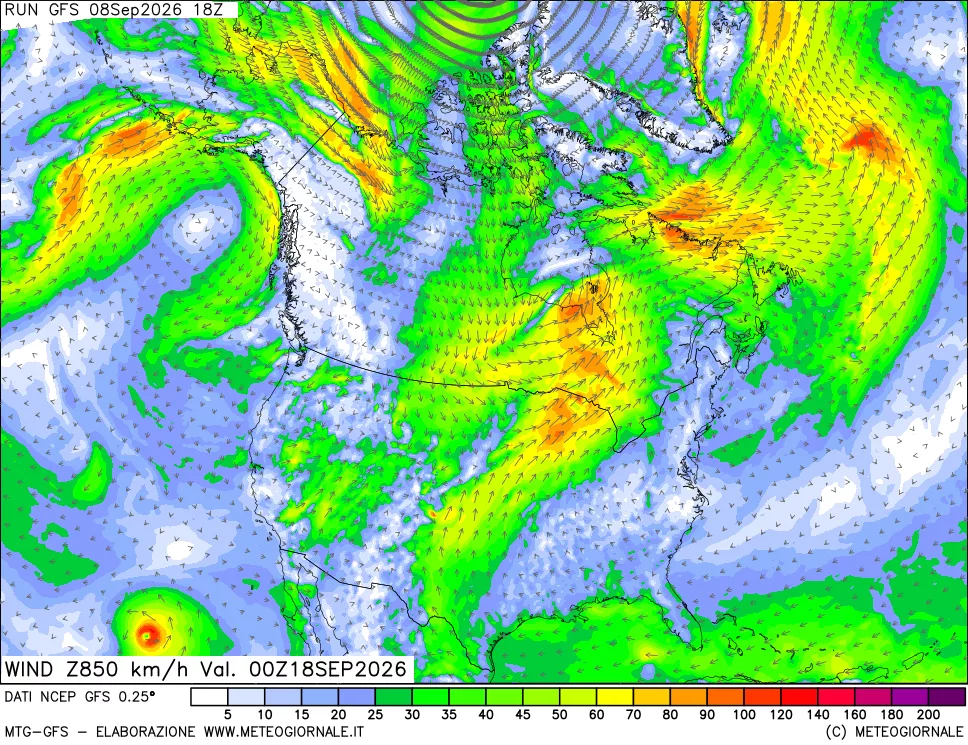 mappa 850 hPa Vento forza e direzione