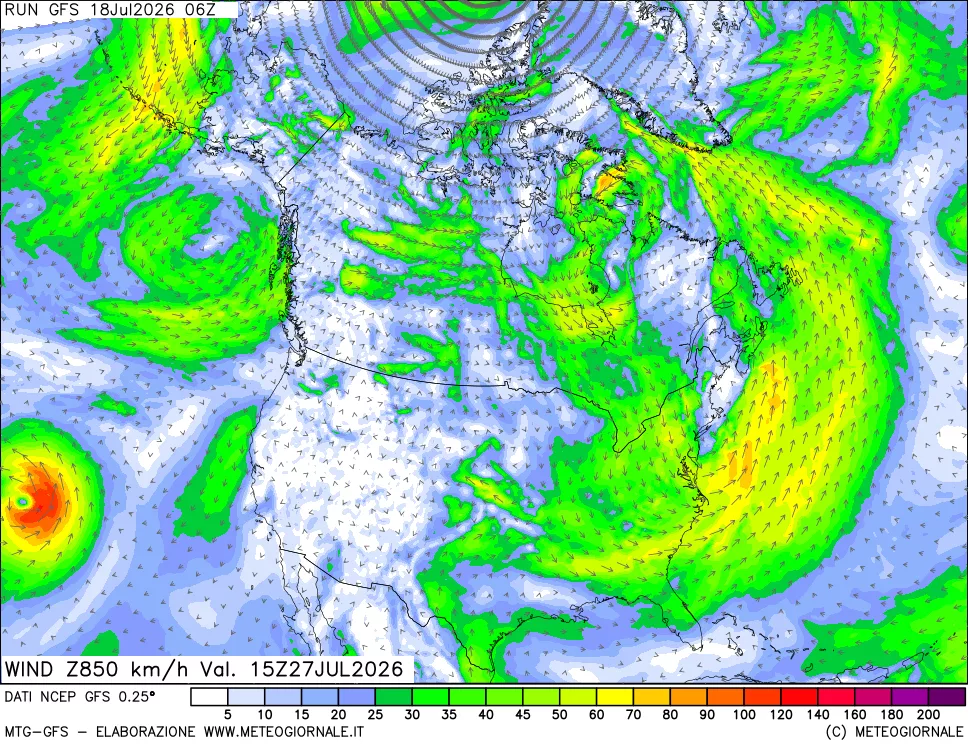 mappa 850 hPa Vento forza e direzione