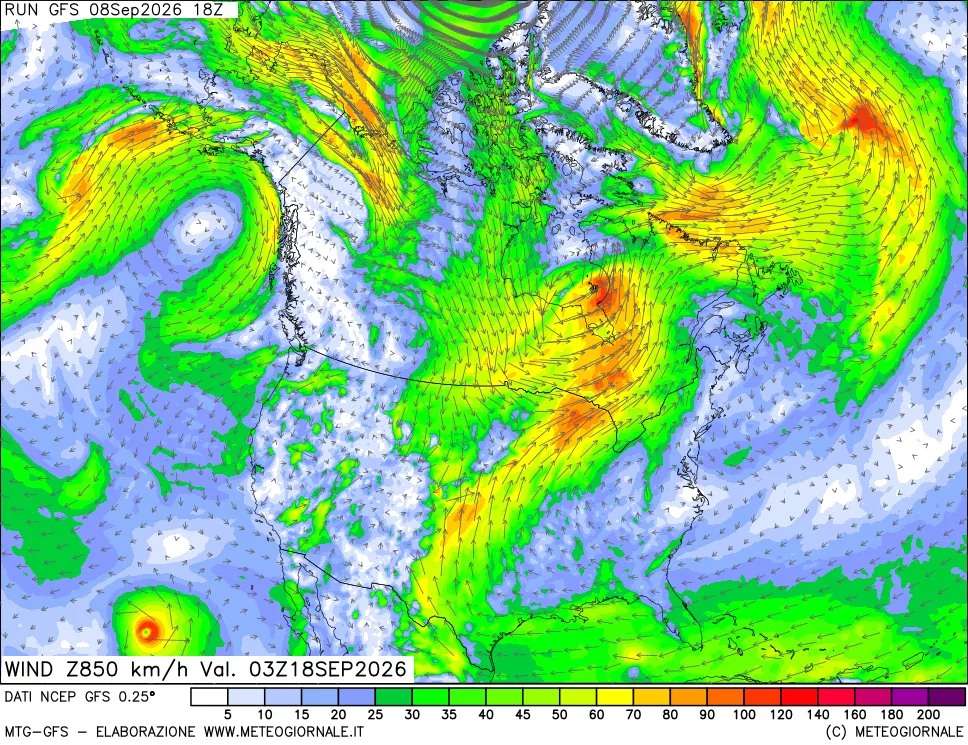 mappa 850 hPa Vento forza e direzione