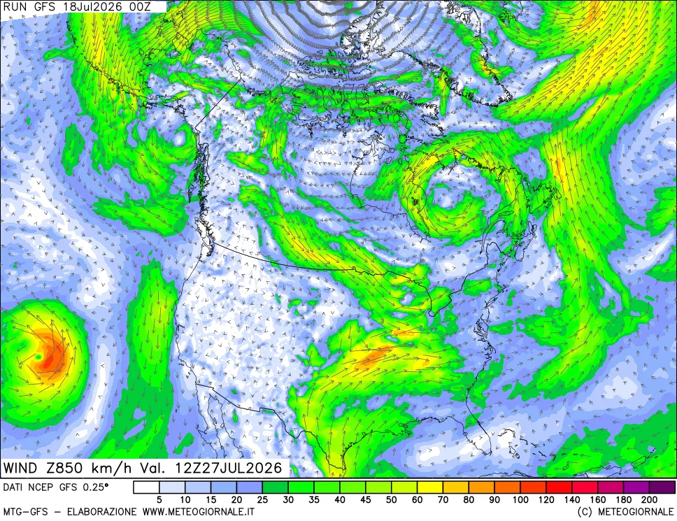 mappa 850 hPa Vento forza e direzione
