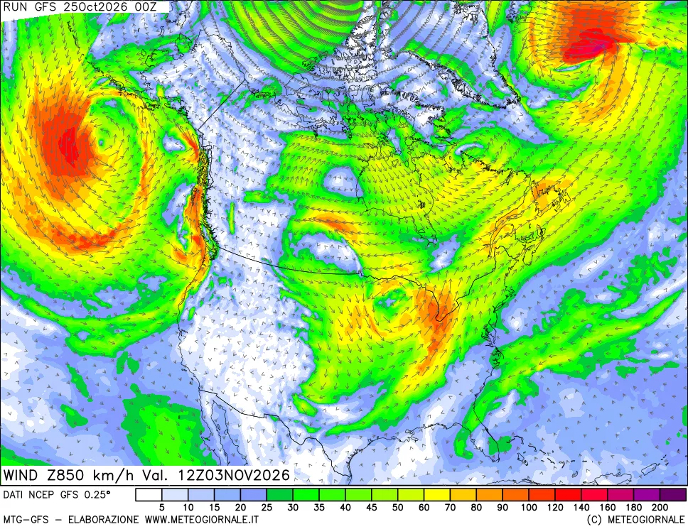 mappa 850 hPa Vento forza e direzione
