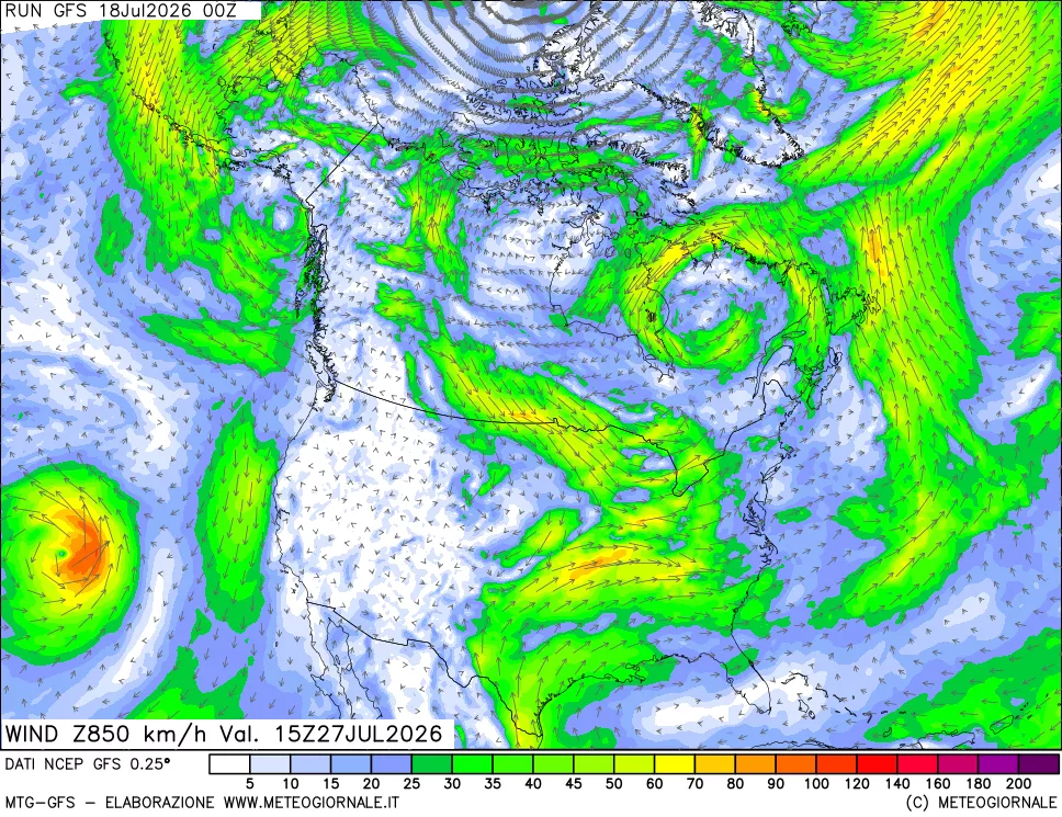 mappa 850 hPa Vento forza e direzione