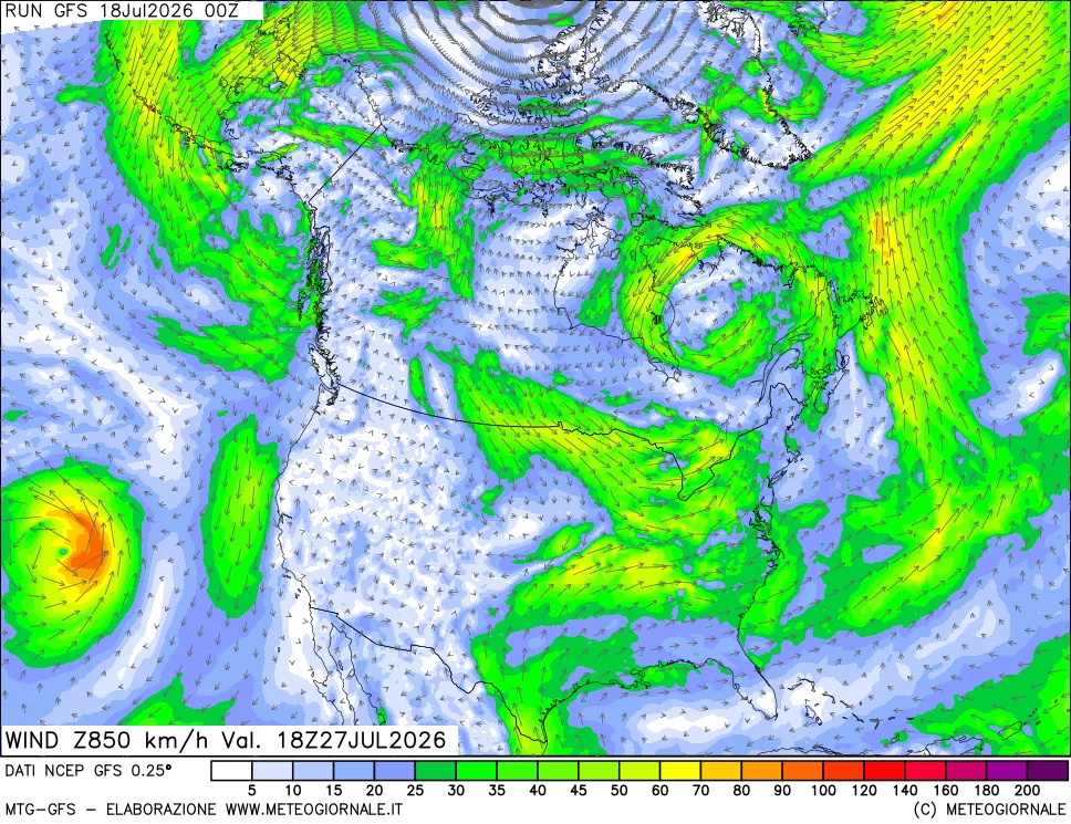 mappa 850 hPa Vento forza e direzione