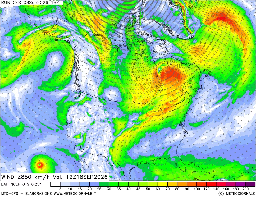 mappa 850 hPa Vento forza e direzione
