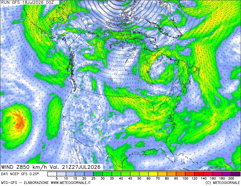 mappa 850 hPa Vento forza e direzione