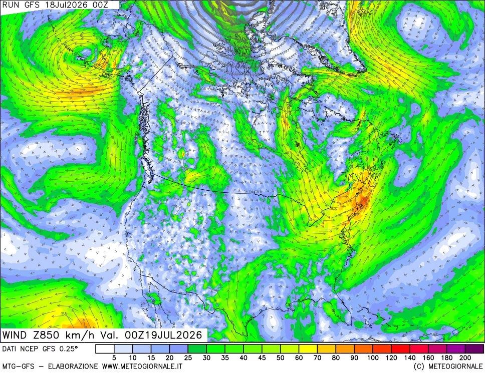 mappa 850 hPa Vento forza e direzione