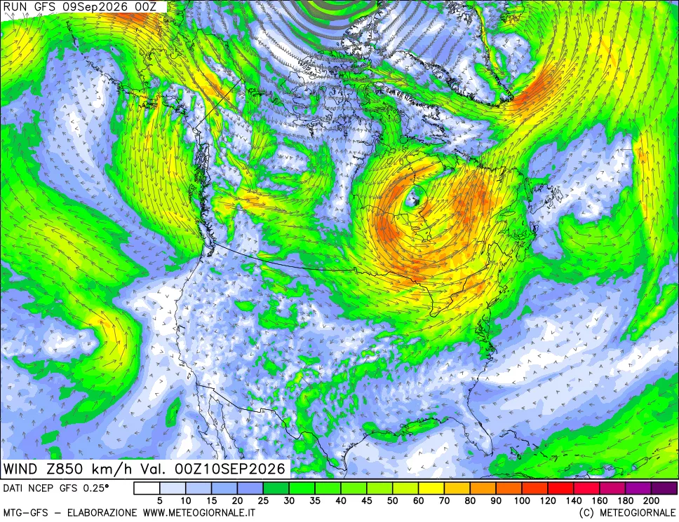 mappa 850 hPa Vento forza e direzione