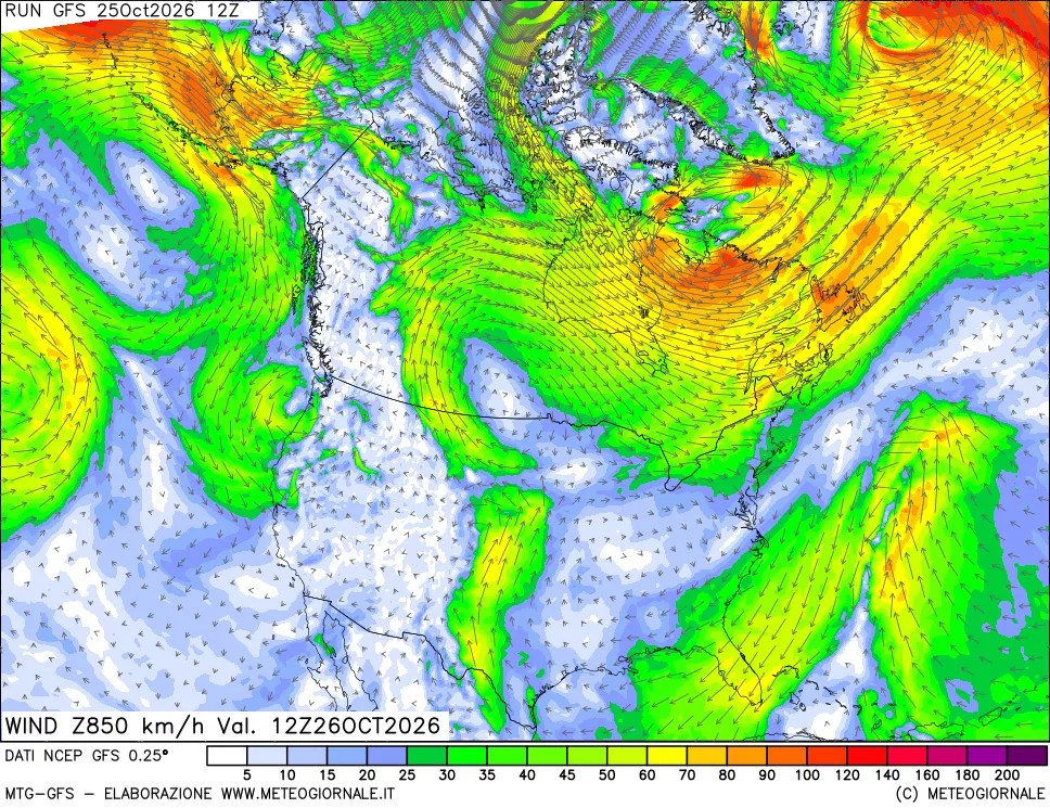 mappa 850 hPa Vento forza e direzione