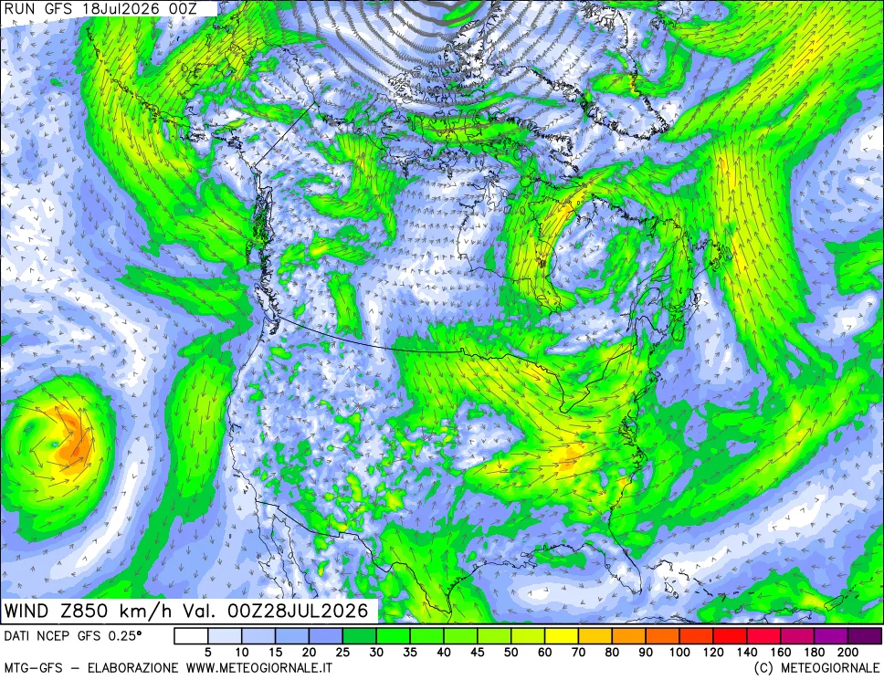 mappa 850 hPa Vento forza e direzione