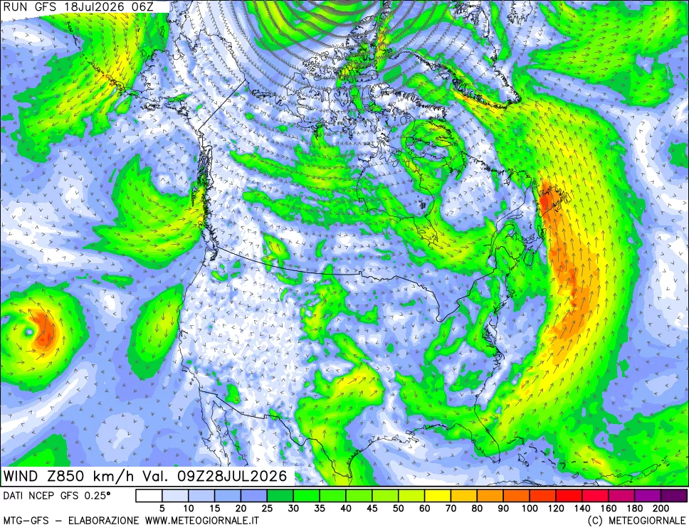 mappa 850 hPa Vento forza e direzione