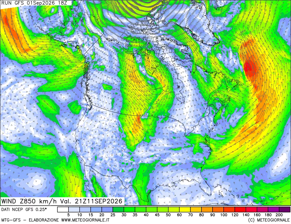 mappa 850 hPa Vento forza e direzione