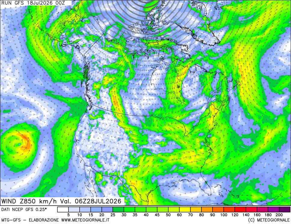 mappa 850 hPa Vento forza e direzione