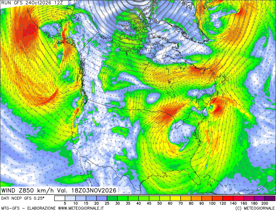 mappa 850 hPa Vento forza e direzione
