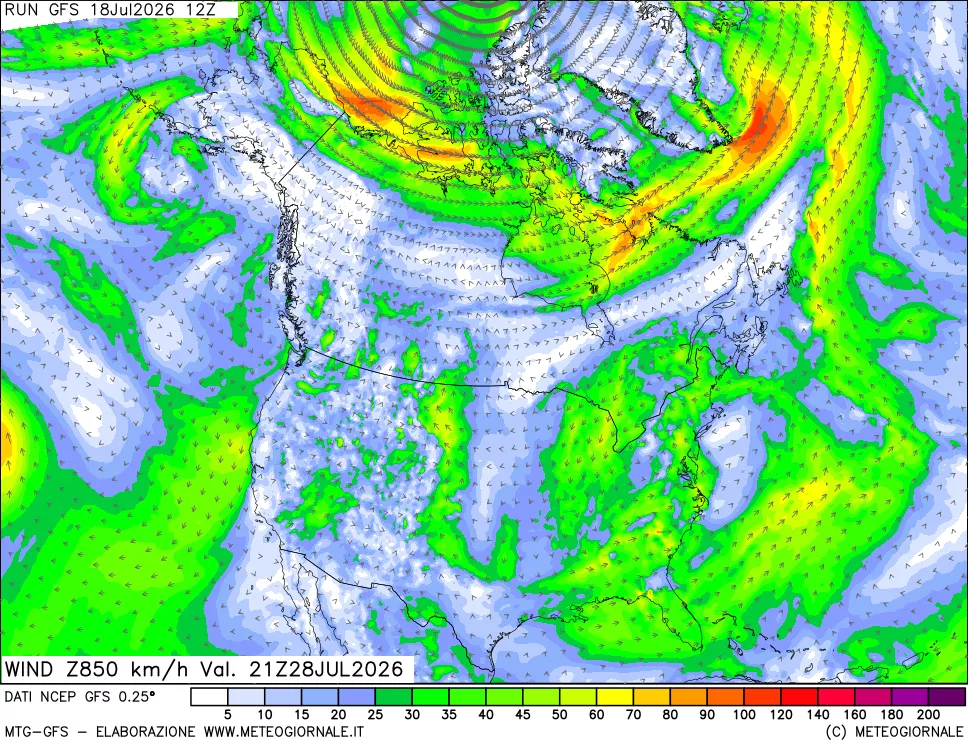 mappa 850 hPa Vento forza e direzione