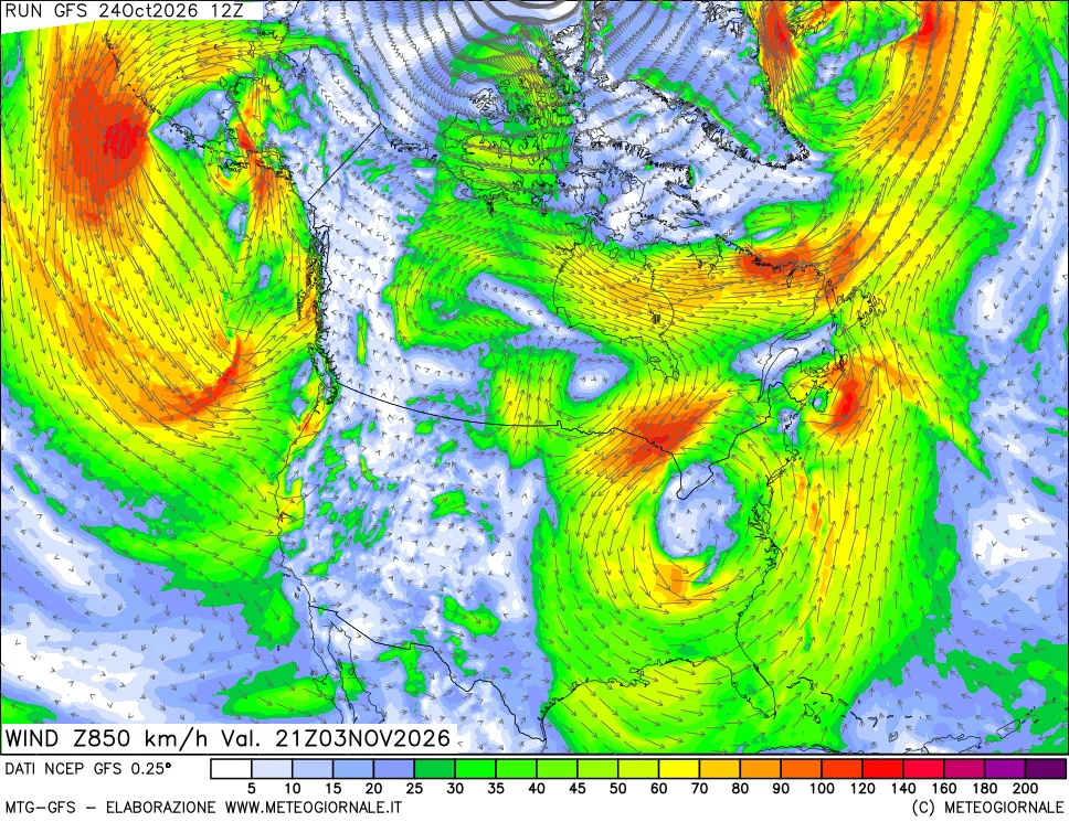 mappa 850 hPa Vento forza e direzione
