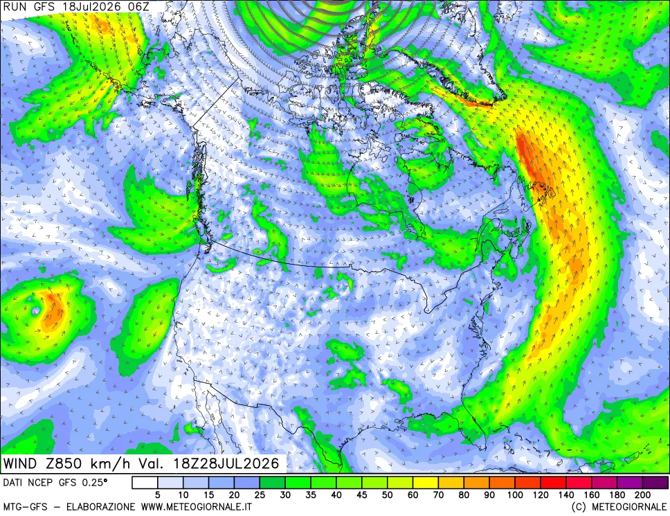 mappa 850 hPa Vento forza e direzione
