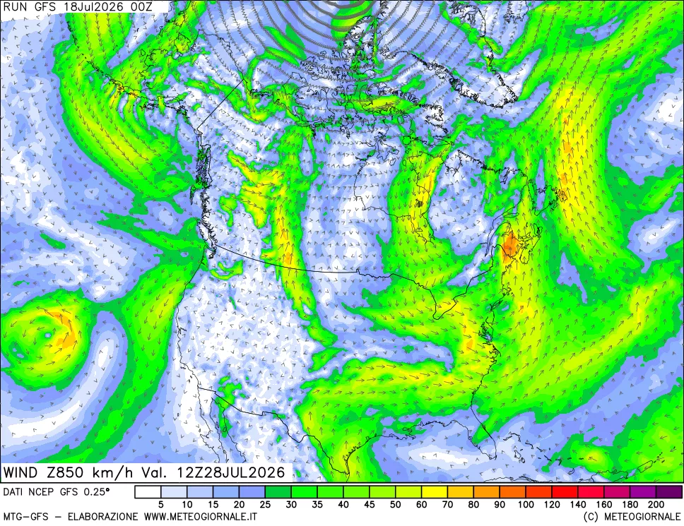 mappa 850 hPa Vento forza e direzione