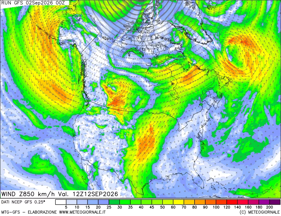 mappa 850 hPa Vento forza e direzione