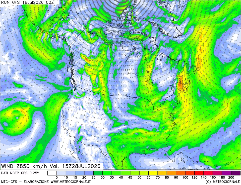 mappa 850 hPa Vento forza e direzione