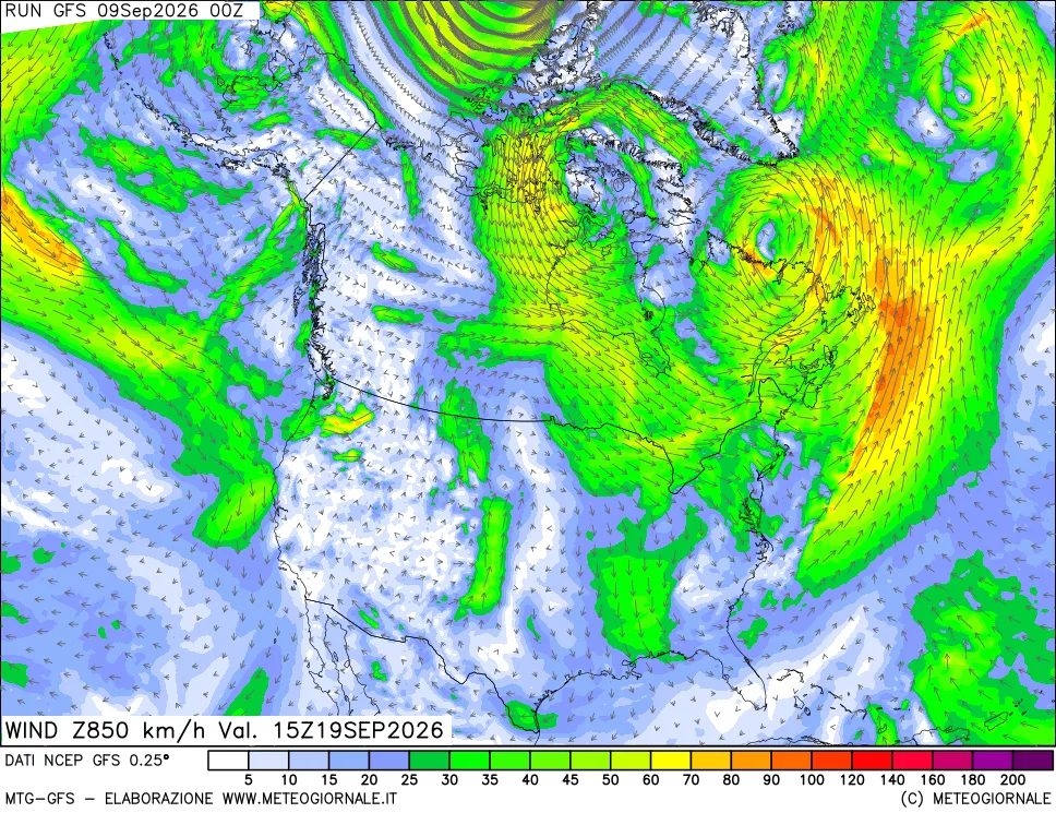 mappa 850 hPa Vento forza e direzione
