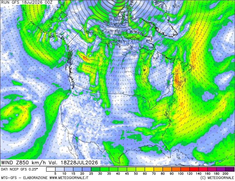 mappa 850 hPa Vento forza e direzione