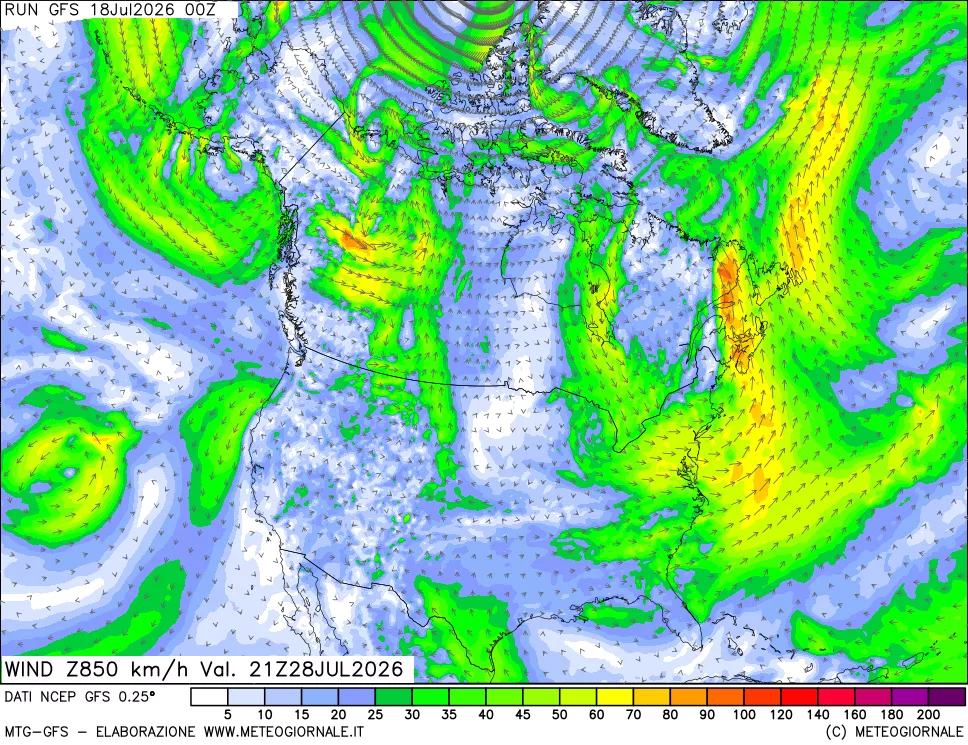 mappa 850 hPa Vento forza e direzione