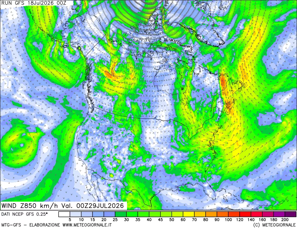mappa 850 hPa Vento forza e direzione